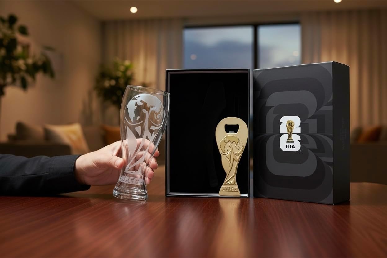 Official FIFA World Cup 2026 Edition - 17oz Shatterproof Trophy Pilsner Beer Cup & Bottle Opener Gift Set - Set of 2 with 6-inch Magnetic Bottle Opener Perfect for Tailgates, Pool Parties and BBQ’s