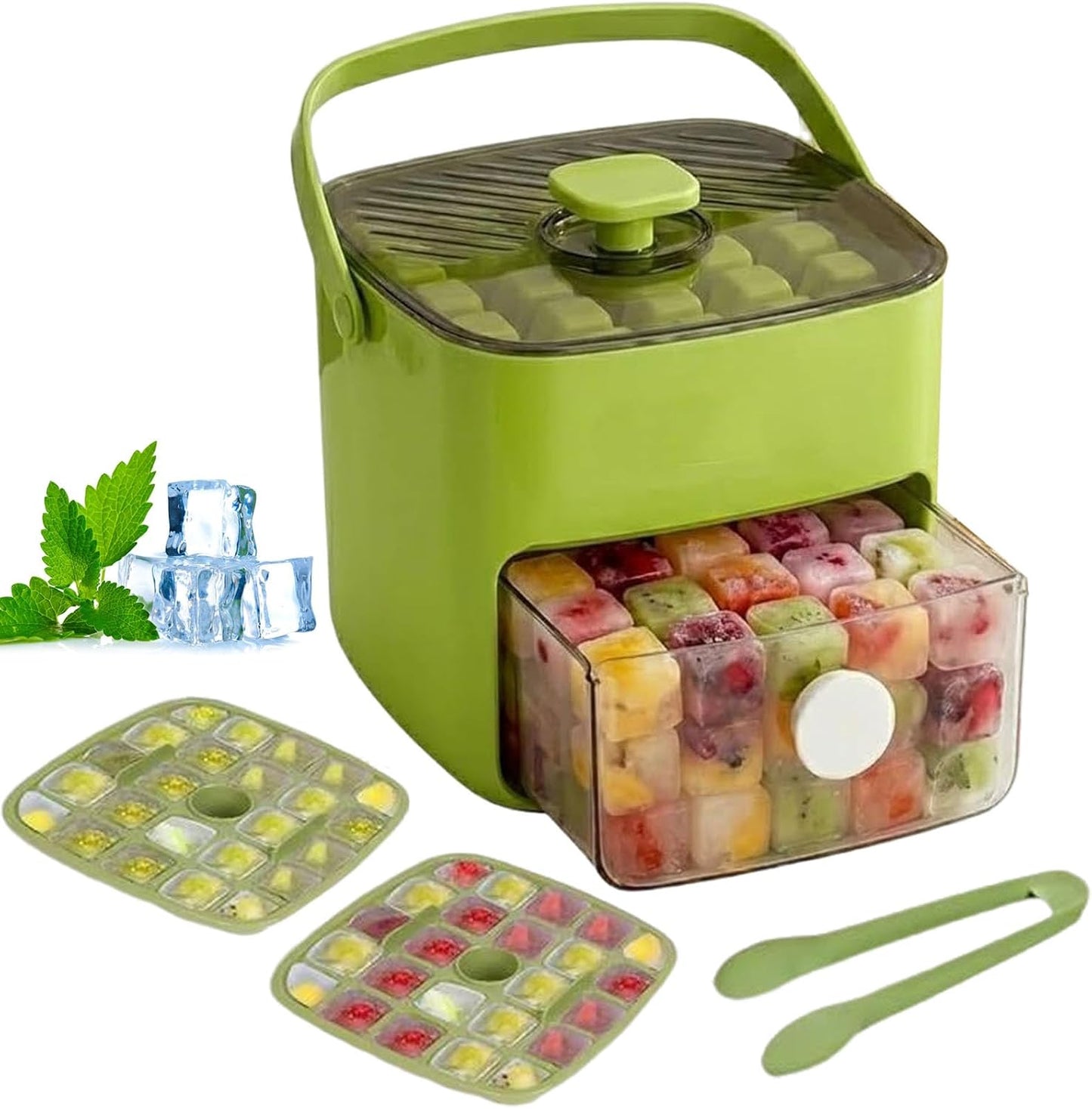 48 Cube Ice Maker With Easy Press Lid, Double Layer Portable Ice Cube Container with Lid and Storage Box for Freezer, Handled Press-Type Ice Cube Tray with Lid and Bin for Whiskey, Cocktail