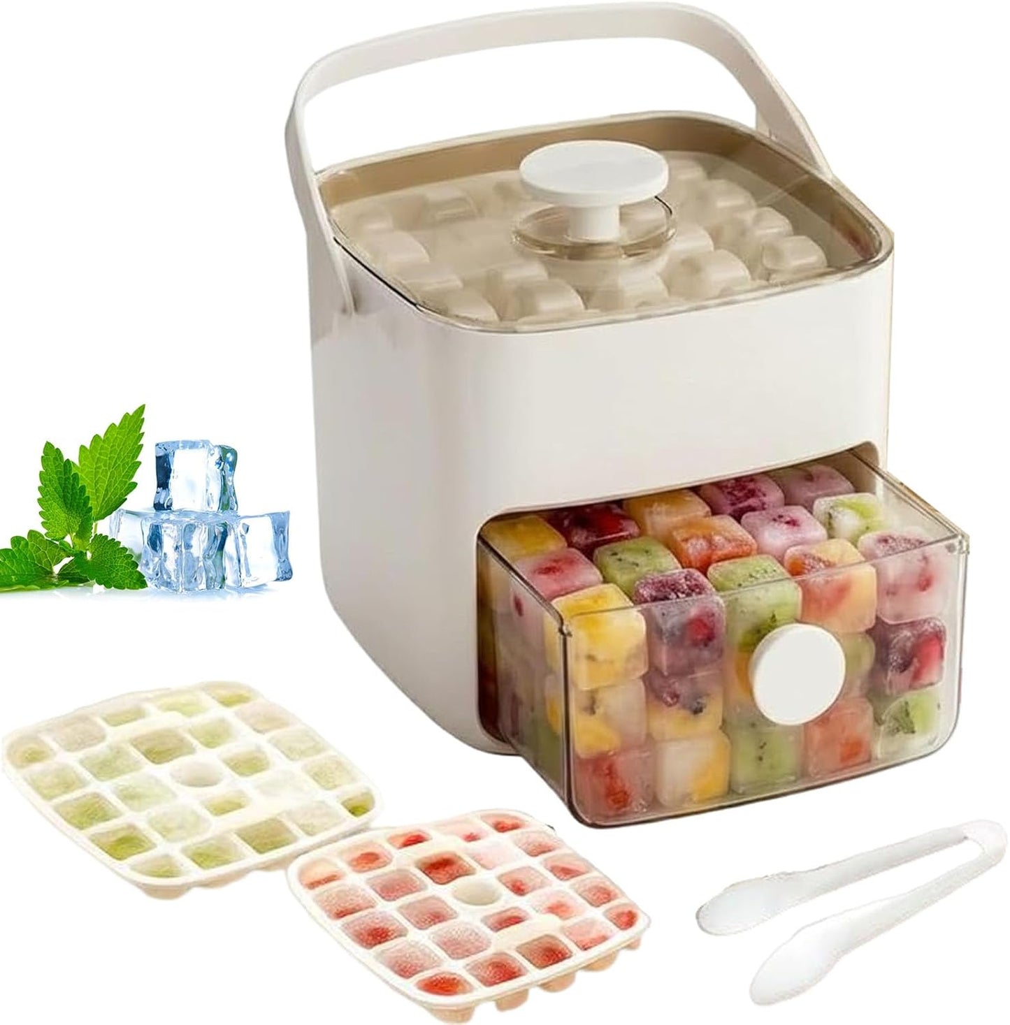 48 Cube Ice Maker With Easy Press Lid, Double Layer Portable Ice Cube Container with Lid and Storage Box for Freezer, Handled Press-Type Ice Cube Tray with Lid and Bin for Whiskey, Cocktail