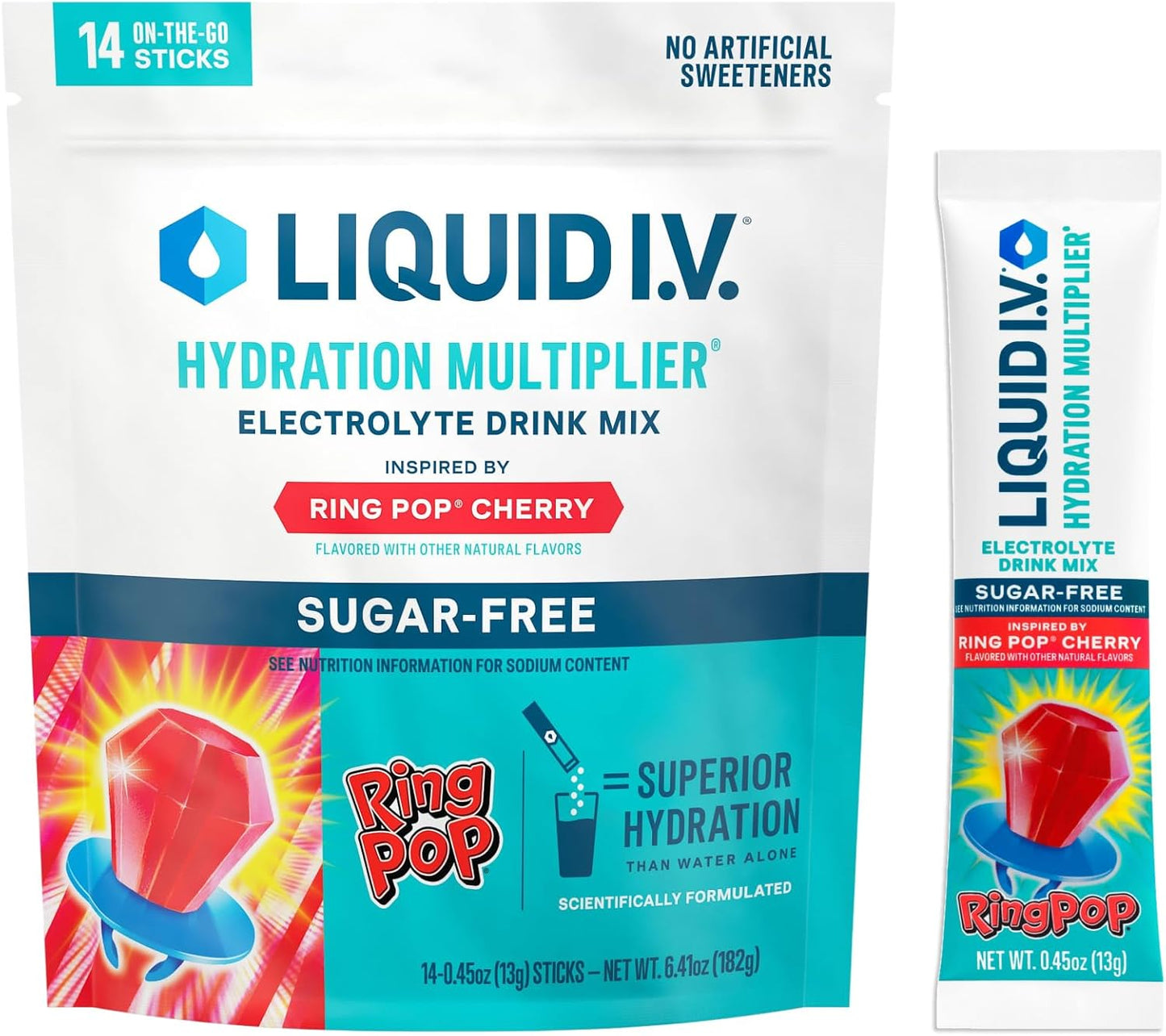 Liquid I.V. Sugar-Free Hydration Multiplier - Ring Pop Cherry - Hydration Powder Packets | Electrolyte Powder Drink Mix | Convenient Single-Serving Sticks | 8 Vitamins & Nutrients | 1 Pack (14 Servings)