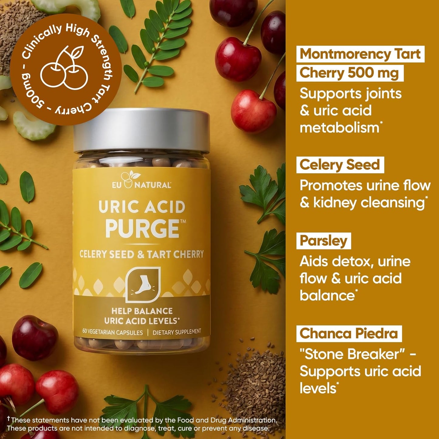 Eu Natural Purge Uric Acid Flush - Eat & Drink What You Want - Uric Acid Support for Joints & Mobility with Celery Seed, Tart Cherry & Chanca Piedra - 60 Vegetarian Capsules
