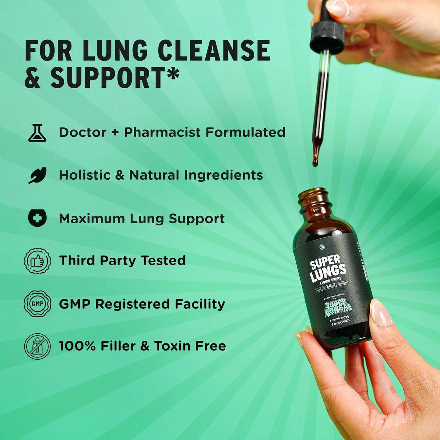 SuperBonsai Super Lungs Mullein Drops – Herbal Lung Support Tincture with Mullein Leaf Extract Elderberry Reishi Marshmallow Root – Supports Clear Breathing & Wellness – 2 oz