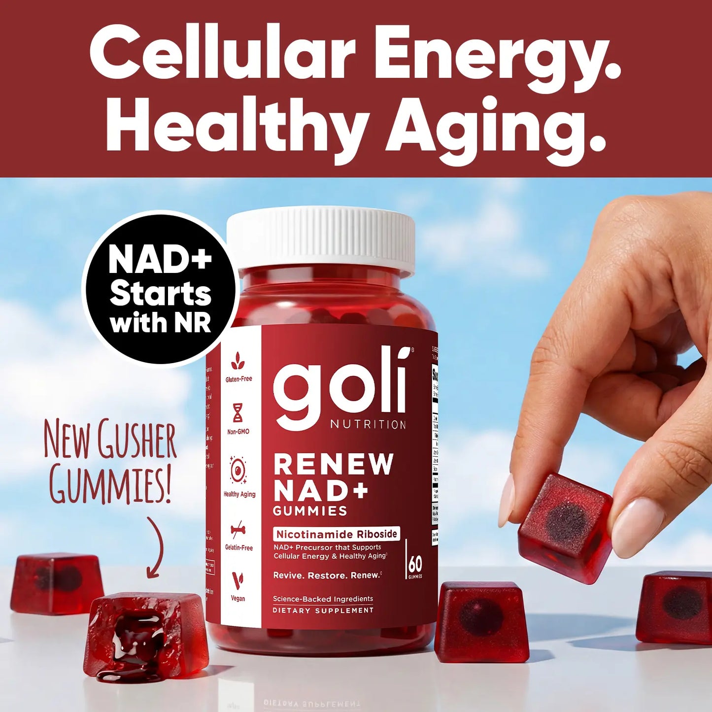 Goli Renew NAD+ (NR) Gummies. Clinically Studied NR Nicotinamide Riboside, Healthy Aging & Cellular Energy. Gluten Free, Non-GMO, Gelatin-Free, Vegan.