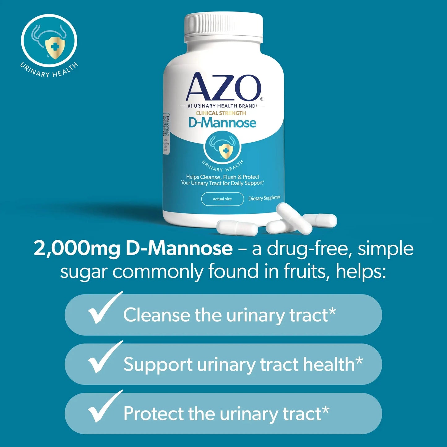 AZO D Mannose Urinary Tract Health, Cleanse, Flush & Protect The Urinary Tract, No.1 Pharmacist Recommended Brand, Clinical Strength, Non-GMO, 120 Count